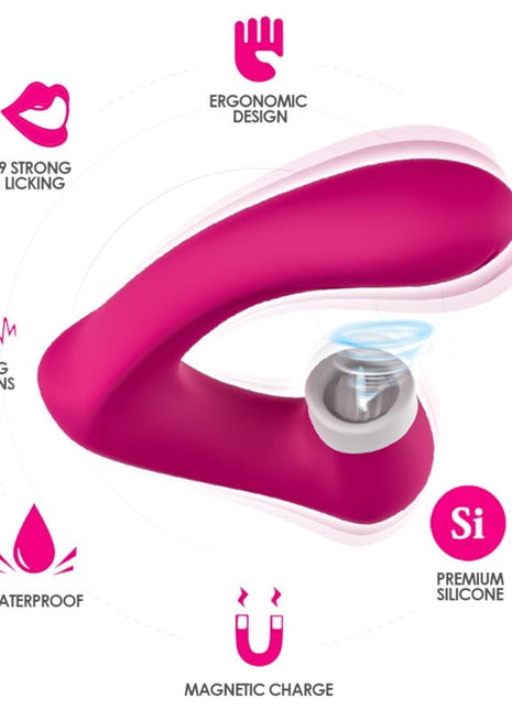 Ein pinkfarbener ergonomischer silikon-vibrator aronomy secretkiss mit magnetischer ladestation und wasserdichtem design