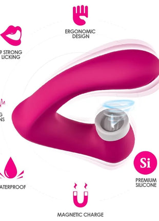 Ein pinkfarbener ergonomischer silikon-vibrator aronomy secretkiss mit magnetischer ladestation und wasserdichtem design