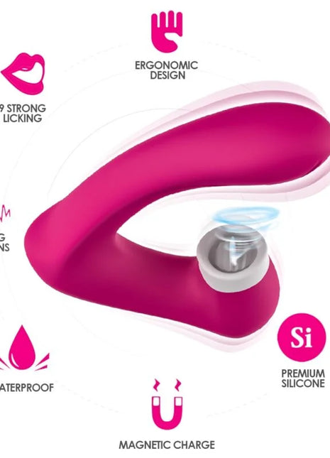 Ein pinkfarbener ergonomischer silikon-vibrator aronomy secretkiss mit magnetischer ladestation und wasserdichtem design