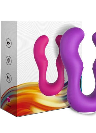 Vibrant pink und lila silikon dual-ended vibrator mit zwei fernbedienungen neben farbenfroher verpackung
