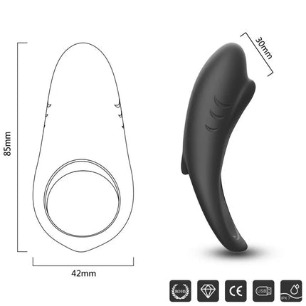 Schwarzer silikon-delfinförmiger armony shark vibratorring für paare mit fernbedienung und strukturierten flossen