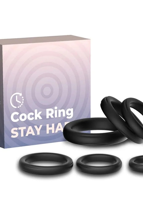 Black silikon cockringe in verschiedenen größen neben der arMony sicherungsringe silkon schwarz verpackung