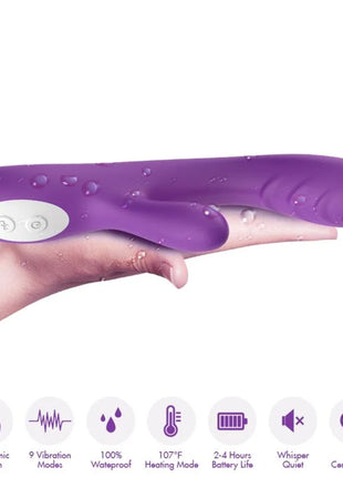 Aromny spark vibrator wärmeeffekt lila silikon vibrator mit weißem bedienfeld und wassertropfen auf der oberfläche