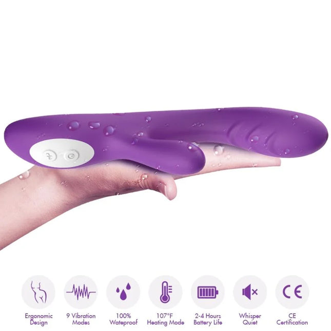 Aromny spark vibrator wärmeeffekt lila silikon vibrator mit weißem bedienfeld und wassertropfen auf der oberfläche
