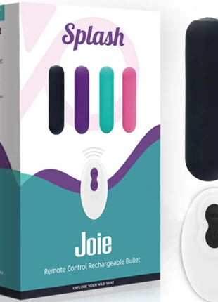 Schwarzer silikon joy splash vibrator bullet mit weißer ovaler fernbedienung und 10 vibrationsmodi