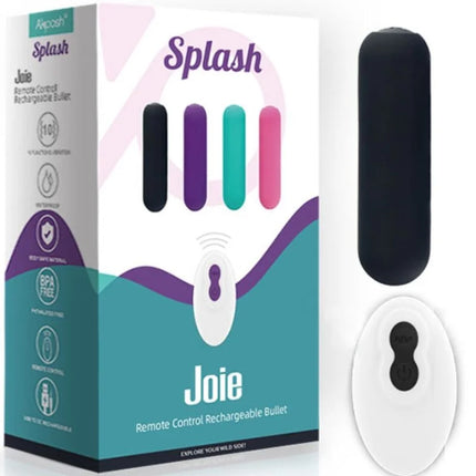 Schwarzer silikon joy splash vibrator bullet mit weißer ovaler fernbedienung und 10 vibrationsmodi