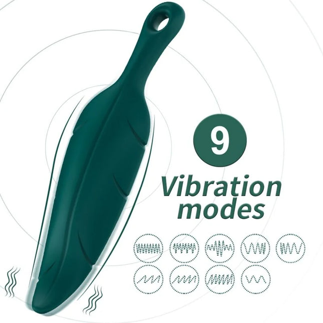 Dunkelgrüner armonat stimulator und vibrator mit federförmigem, glattem design und geschlossener schlaufe