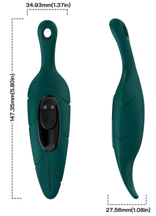 Dunkelgrüner, elegant geformter silikon stimulator und vibrator mit schwarzem bedienfeld und zwei runden tasten
