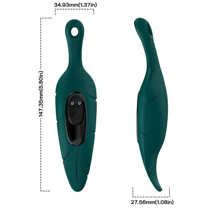 Dunkelgrüner, elegant geformter silikon stimulator und vibrator mit schwarzem bedienfeld und zwei runden tasten