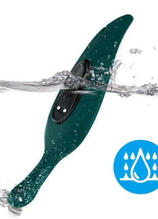 Armony stimulator und vibrator in blattgrün aus dunkelgrünem silikon mit wasserfestem schwarzem Bedienfeld und zwei weißen tasten