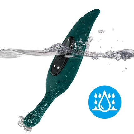 Armony stimulator und vibrator in blattgrün aus dunkelgrünem silikon mit wasserfestem schwarzem Bedienfeld und zwei weißen tasten