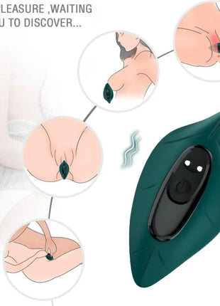Dunkelgrüner armony stimulator und vibrator mit fernbedienung, schwarzer bedienfeld und zwei weißen indikatorleuchten