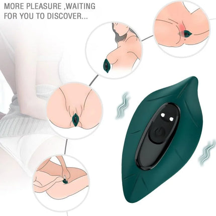 Dunkelgrüner armony stimulator und vibrator mit fernbedienung, schwarzer bedienfeld und zwei weißen indikatorleuchten