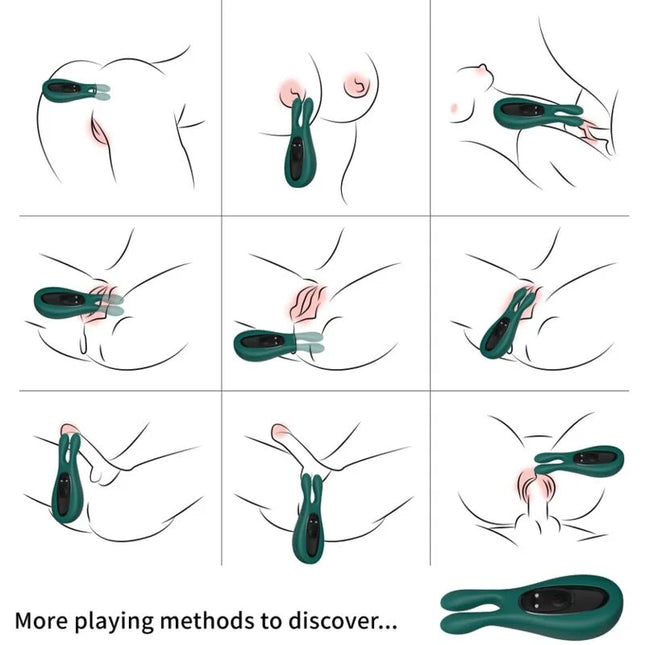 Dunkelgrüner silikon stimulator und vibrator kaninchen mit schwarzer steuerung und zwei runden rüssel