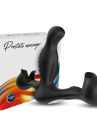 Schwarzer silikon prostate massager mit gebogenem ergonomischem design und strukturierter griff aus der armoNY surround vibrator anal und stimulator serie fernbedienung