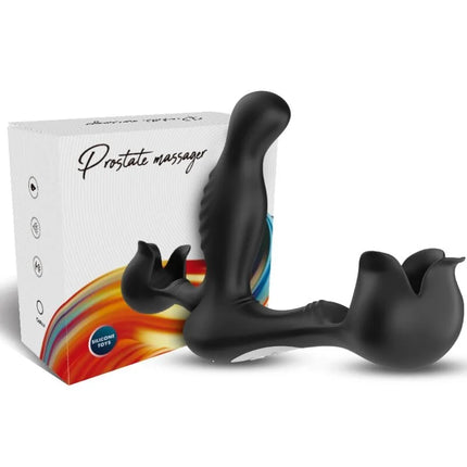 Schwarzer silikon prostate massager mit gebogenem ergonomischem design und strukturierter griff aus der armoNY surround vibrator anal und stimulator serie fernbedienung