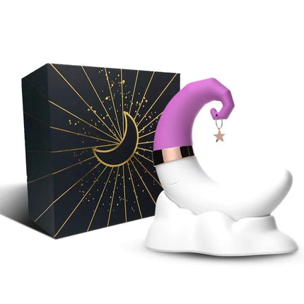 Weißer klitoris-sauger armony sweetmoon in mondform mit lila hexenhut und goldem stern in edler schwarzer geschenkbox
