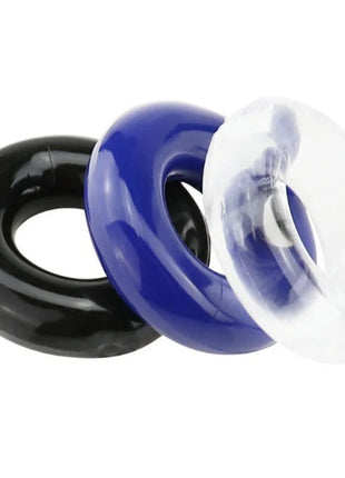 Drei glänzende suction cups in schwarz blau und transparent aus plastik für armony titan love donut ring mehrere farben