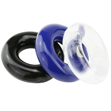 Drei glänzende suction cups in schwarz blau und transparent aus plastik für armony titan love donut ring mehrere farben
