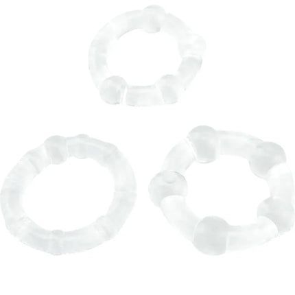 Drei weiße silikonringe mit perlenartigem segmentdesign aus der ariony titan love perlenring fleisch kollektion