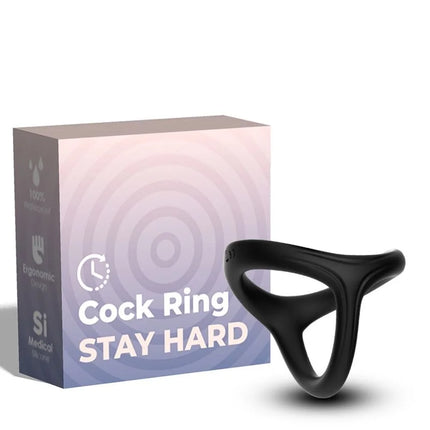 Schwarzer silikon cockring armony tresor mit ergonomischem design und stay hard auf der verpackung