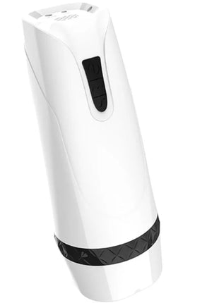 Weißer zylindrischer vibrator armony mit schwarzen texturierten bändern und bedientasten für vaginale stimulierung