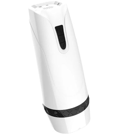 Weißer zylindrischer vibrator armony mit schwarzen texturierten bändern und bedientasten für vaginale stimulierung