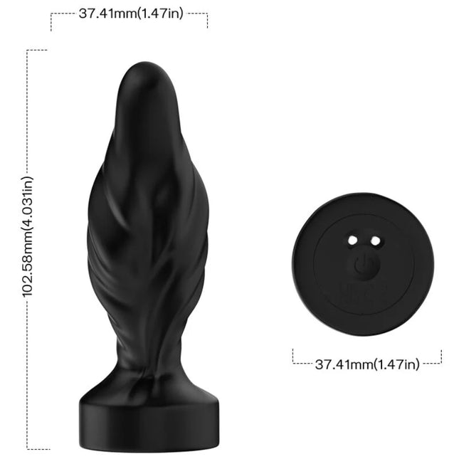 Schwarzer silikon-analplug mit strukturierter blattähnlicher oberfläche und rundem sockel mit zwei kleinen löchern aus der produktreihe ARMONY vibrator und analplug fernbedienung