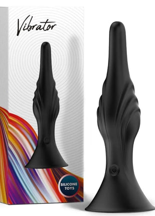 Schwarzer Silikon vibrator arsony mit schlankem, konischem design und strukturierten rillen am körper
