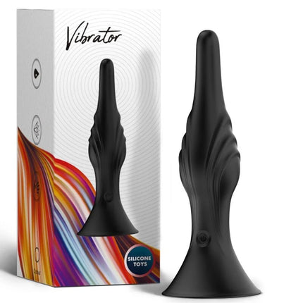 Schwarzer Silikon vibrator arsony mit schlankem, konischem design und strukturierten rillen am körper