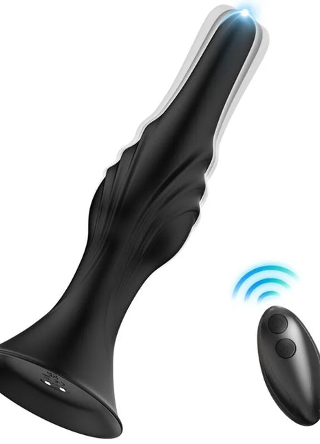 Schwarzer silikon-analplug mit blau leuchtender spitze und ovaler fernbedienung im produkt harmony vibrator und analplug fernbedienung schwarz
