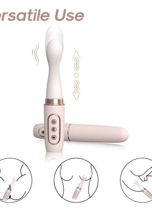 Ein ARMONY vibrator-rotator in weiß und roségold mit texturiertem griff und drei steuerungstasten am basisgriff