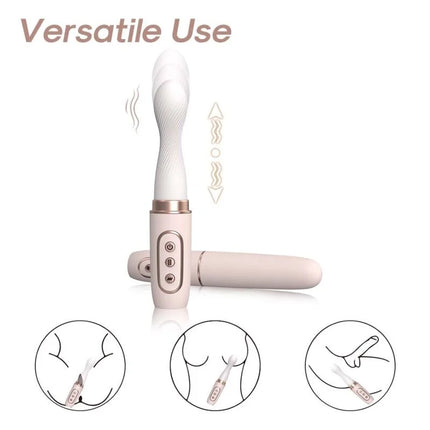 Ein ARMONY vibrator-rotator in weiß und roségold mit texturiertem griff und drei steuerungstasten am basisgriff