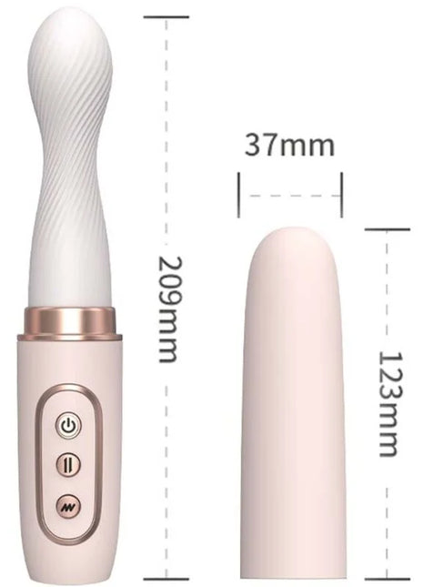 Ein schlanker vibrator rotator in rosegold und weiß mit silikonummantelung und drei bedientasten