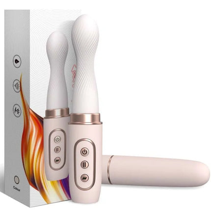 Zwei elegante weiße und rosegoldene vibrator-rotator mit texturierten oberflächen und bedientasten neben verpackung gelb