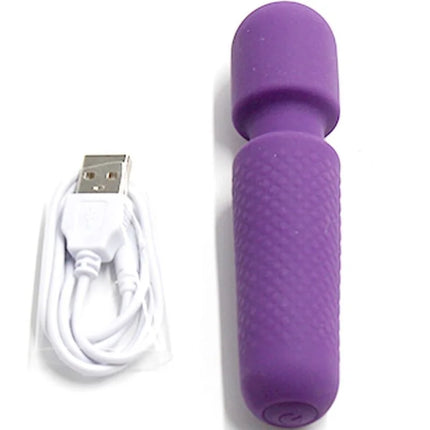 Lila silikonummantelter vibrating wand mit strukturierter griffzone und usb ladekabel armeny magic massager