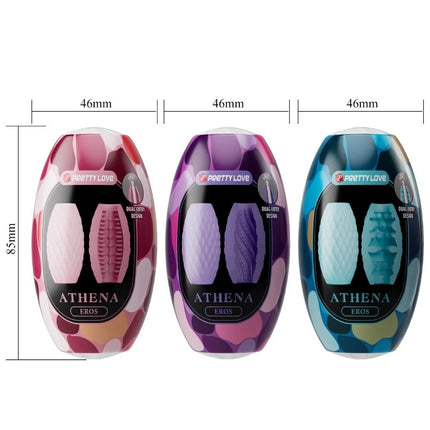 Drei bunte athena eros dual-entry vibrator im camouflage-design in pink, lila und blau im plastikverpackung