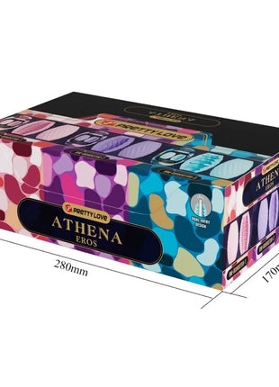 A colorful patterned box of pretty love athena eros tampons with a vibrant design in pink purple blue and yellow