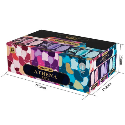 A colorful patterned box of pretty love athena eros tampons with a vibrant design in pink purple blue and yellow