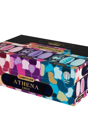 Bunte athena eros kondome in einer dehnbaren und einzigartigen 15 erlebnisse box mit abstraktem pastell- und kräftigem design
