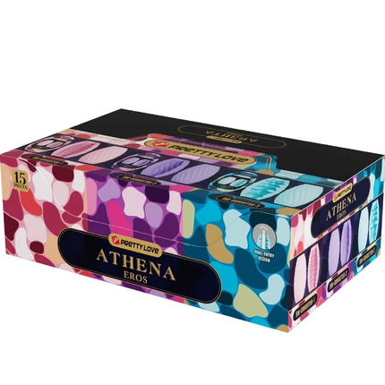 Bunte athena eros kondome in einer dehnbaren und einzigartigen 15 erlebnisse box mit abstraktem pastell- und kräftigem design