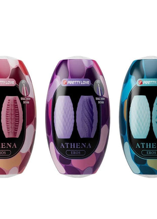 Drei athena eros dual-entry vibrator in bunten camouflage-verpackungen mit strukturierter oberfläche und einzigartigem design