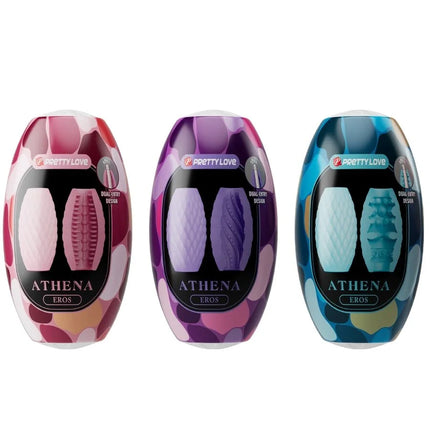 Drei athena eros dual-entry vibrator in bunten camouflage-verpackungen mit strukturierter oberfläche und einzigartigem design