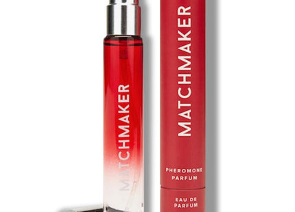 Rote verlaufglas-sprühflasche mit silberkappe und roter zylindrischer verpackung matchmaker pheromonparfüm 10 ml