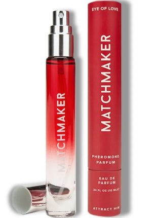 Rote verlaufglas-sprühflasche mit silberkappe und roter zylindrischer verpackung matchmaker pheromonparfüm 10 ml