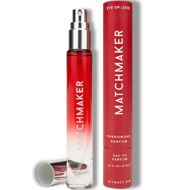 Rote verlaufglas-sprühflasche mit silberkappe und roter zylindrischer verpackung matchmaker pheromonparfüm 10 ml