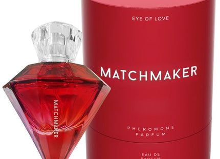 Rote diamantförmige pheromonparfümflasche matchmaker mit klarem kristallverschluss und passender roter zylindrischer verpackung