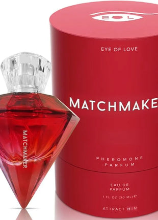 Rote diamantförmige pheromonparfümflasche matchmaker mit klarem kristallverschluss und passender roter zylindrischer verpackung