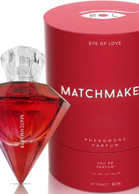 Rote diamantförmige pheromonparfümflasche matchmaker mit klarem kristallverschluss und passender roter zylindrischer verpackung