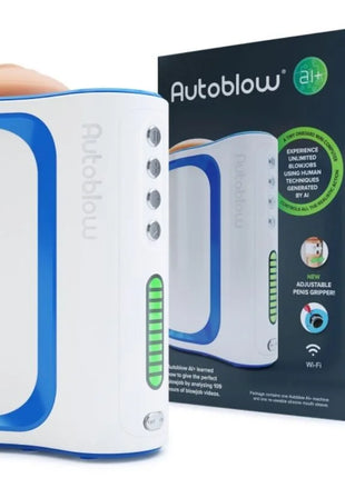 Weiß-blaues autoblow ai+ maschine mit beigem silikonkopf für realistische automatische stimulation